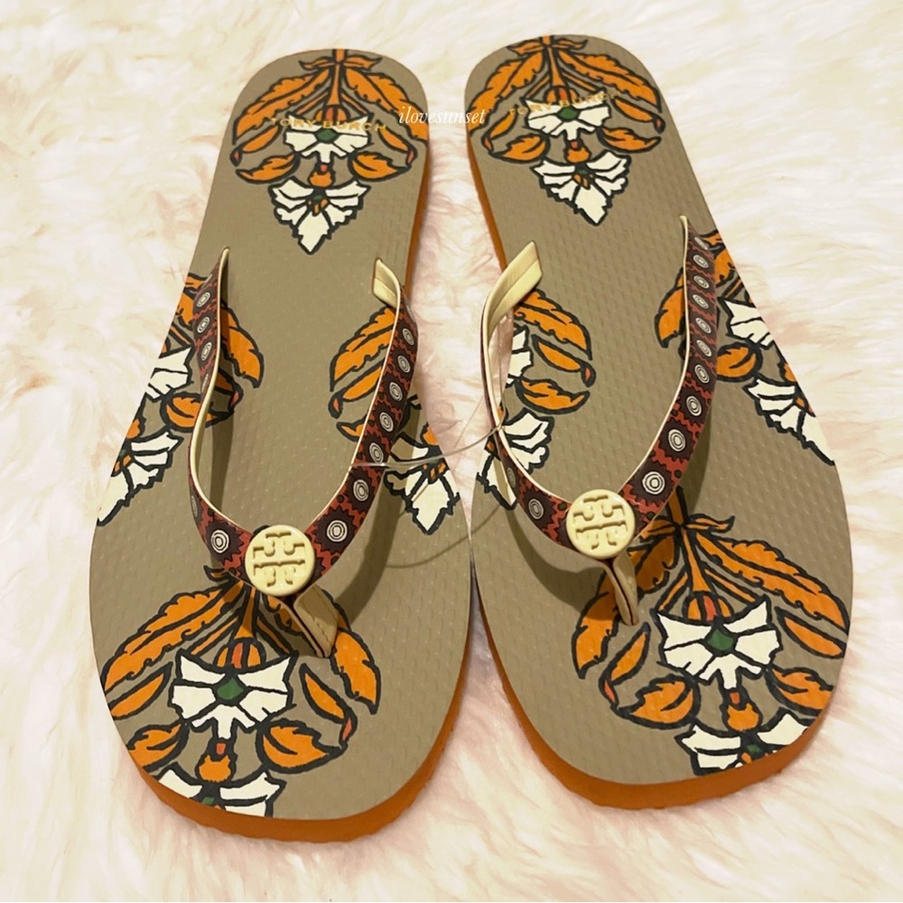 {Tory Burch} Orange Floral Flat Flip Flops with Leather Straps - Ivory Logo - Picture 3 of 7